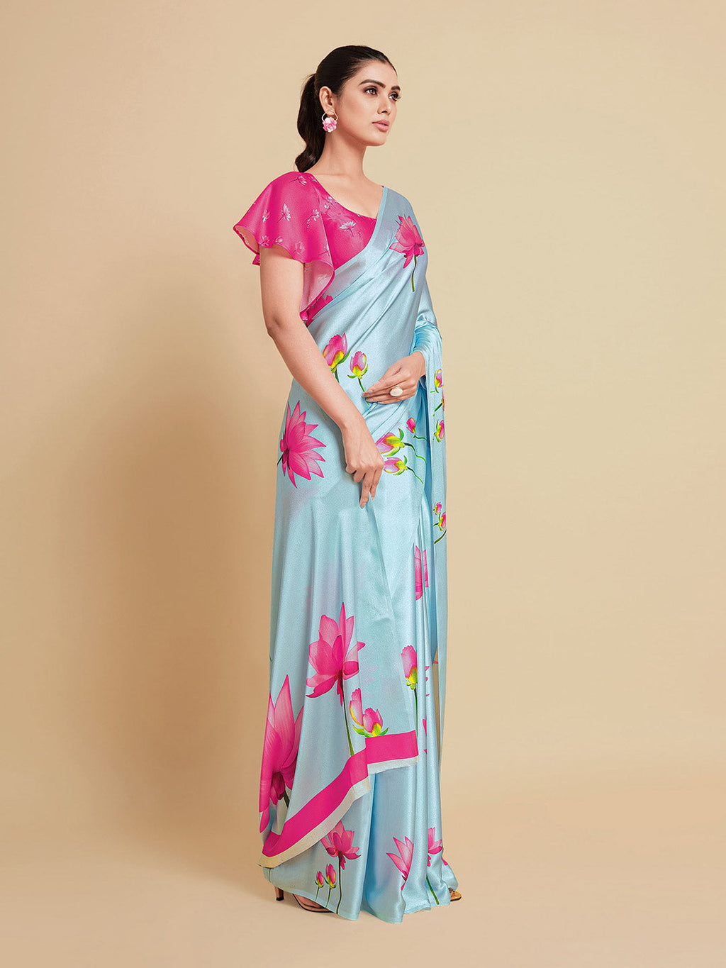 Sangria Turquoise Blue & Magenta Floral Zari Satin Saree | Grocsy