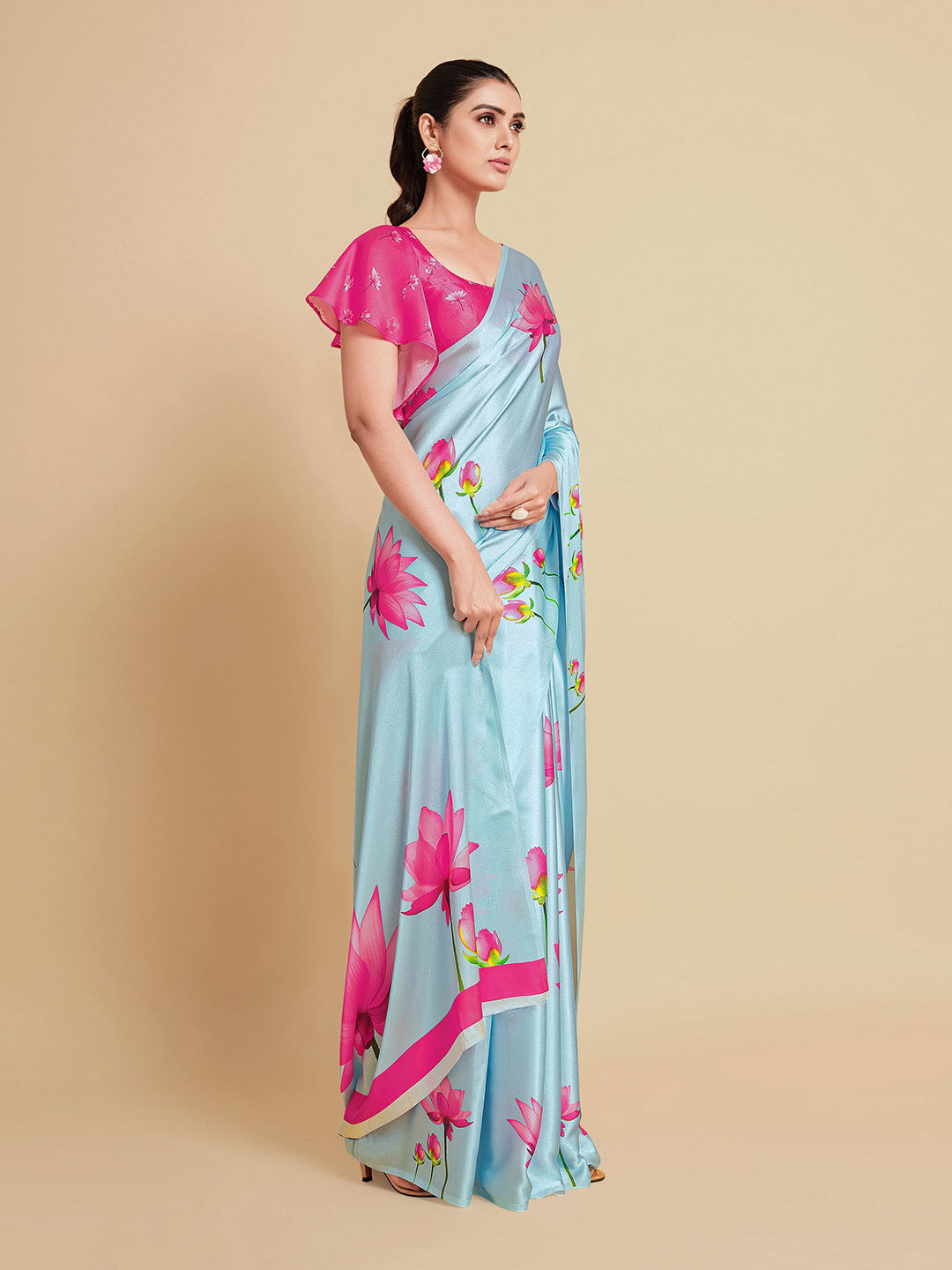 Sangria Turquoise Blue & Magenta Floral Zari Satin Saree | Grocsy