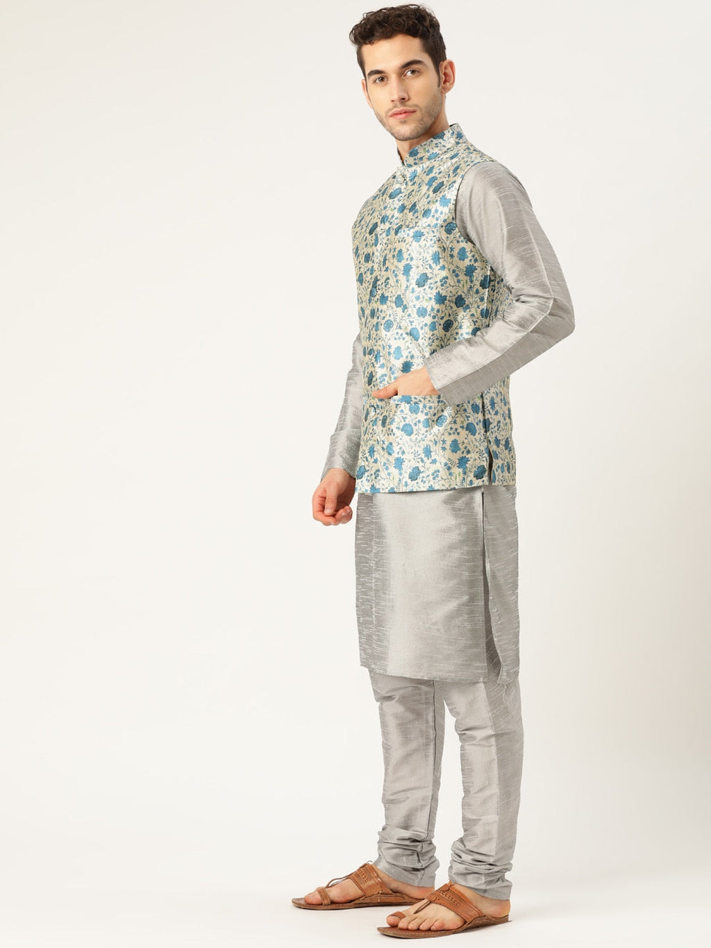 Sojanya Men Grey & Blue Solid Kurta Set with Nehru Jacket | Grocsy