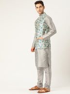 Sojanya Men Grey & Blue Solid Kurta Set with Nehru Jacket | Grocsy