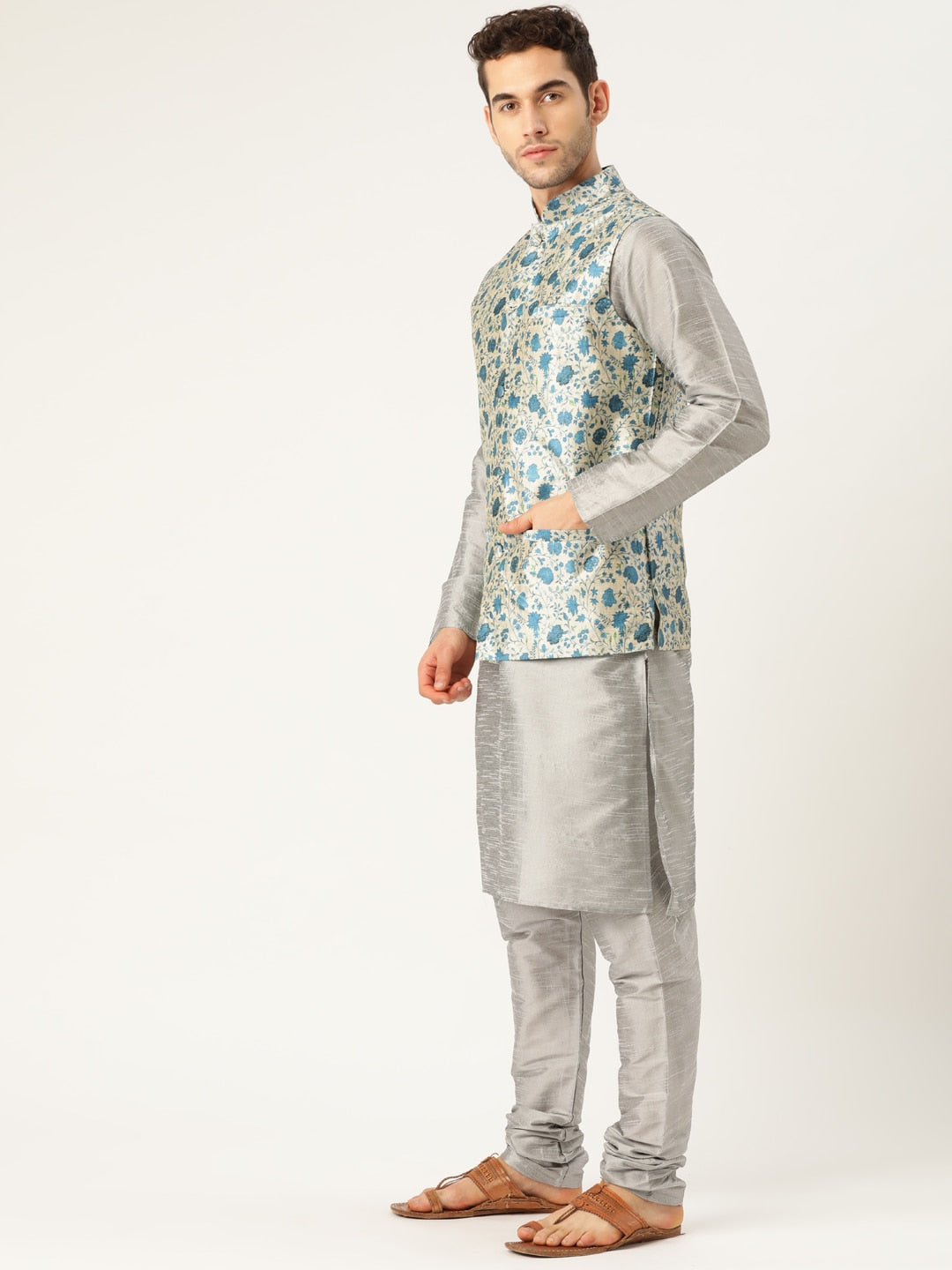Sojanya Men Grey & Blue Solid Kurta Set with Nehru Jacket | Grocsy