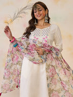 Indo Era Women Floral Yoke Design Regular Thread Work Pure Cotton Kurta with Trousers & With Dupatta | Grocsy