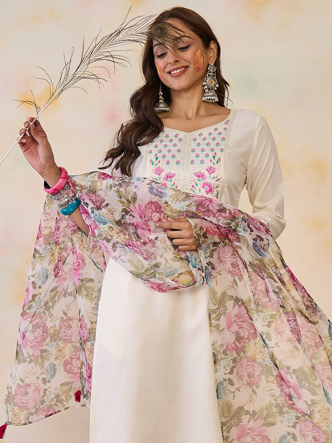 Indo Era Women Floral Yoke Design Regular Thread Work Pure Cotton Kurta with Trousers & With Dupatta | Grocsy