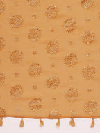 Souchii Beige & Gold Foil Print Dupatta with Tasselled Border | Grocsy