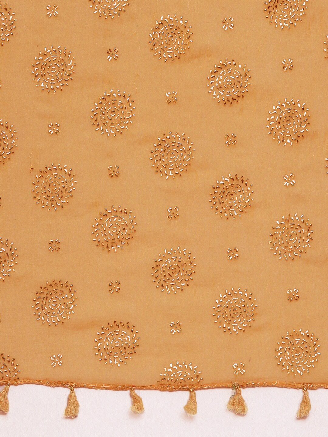 Souchii Beige & Gold Foil Print Dupatta with Tasselled Border | Grocsy