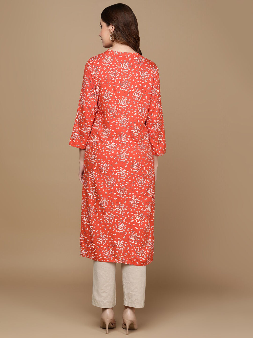 HERE&NOW Rust Orange & White Floral Printed Straight Kurta | Grocsy