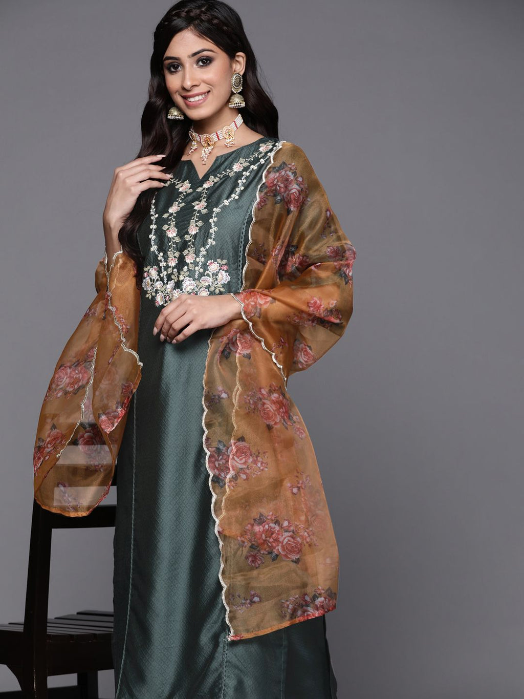 Indo Era Women Green Ethnic Motifs Embroidered Kurta with Trousers & With Dupatta | Grocsy