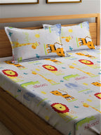 Home Sizzler White & Orange Cartoon Characters 210 TC Bedsheet with Pillow Covers | Grocsy