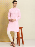 House of Pataudi Men Pink & White Bandhani Printed Pure Cotton Jashn Kurta | Grocsy