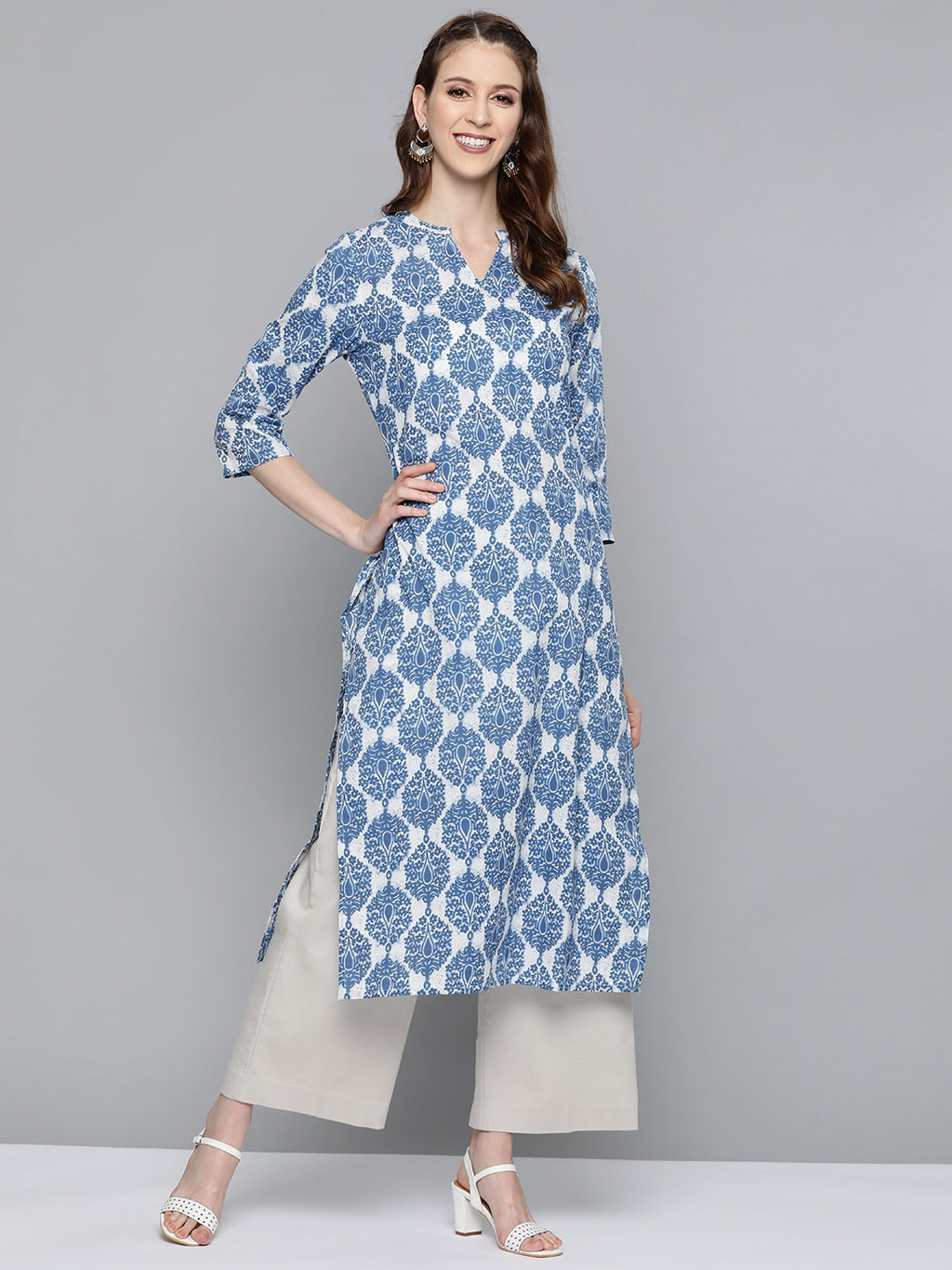 HERE&NOW Women Blue & White Printed Straight Kurta | Grocsy