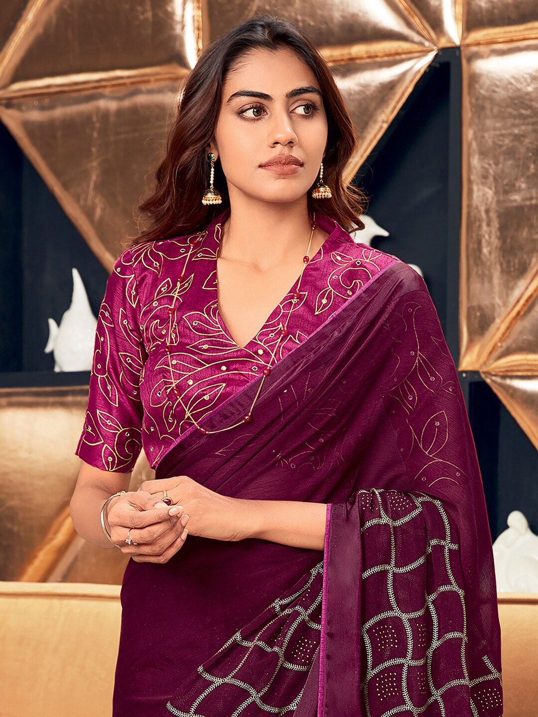 Saree Mall Magenta & Gold-Toned Ethnic Printed Silk Blend Sarees | Grocsy