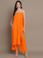 HERE&NOW Striped Mirror Work High Slit Kurta with Palazzos | Grocsy