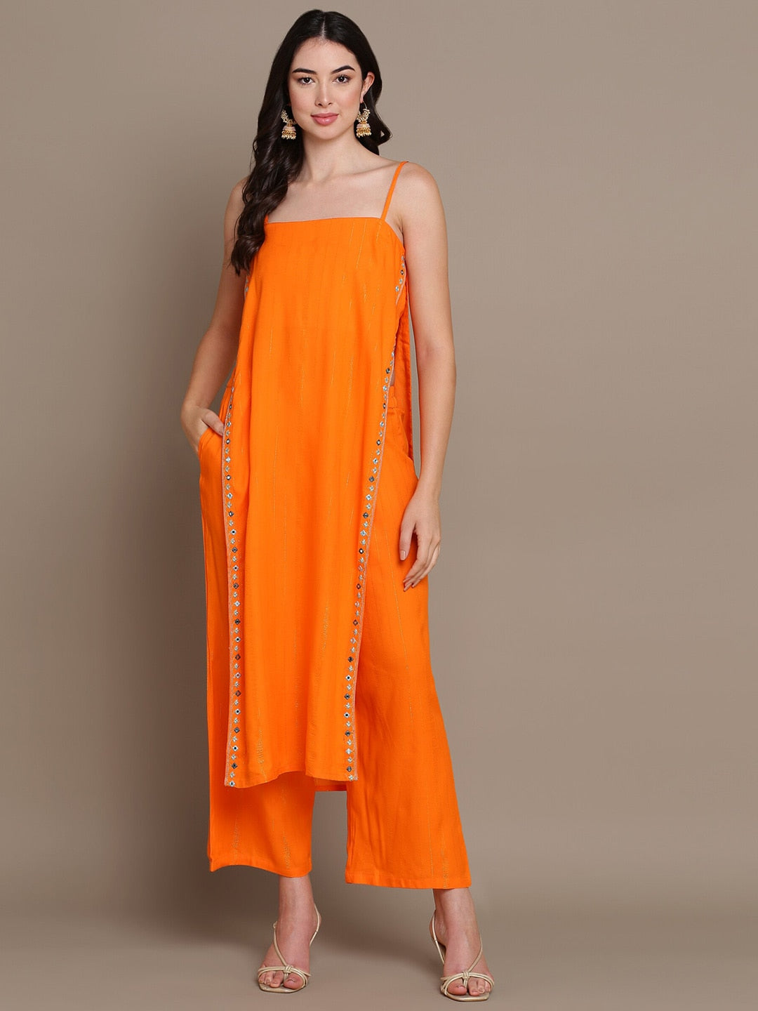 HERE&NOW Striped Mirror Work High Slit Kurta with Palazzos | Grocsy