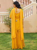 Juniper Women's Mustard Thread Embroidered Georgette Kurta Sharara And Dupatta Set With Sequins & Mirror Work | Grocsy