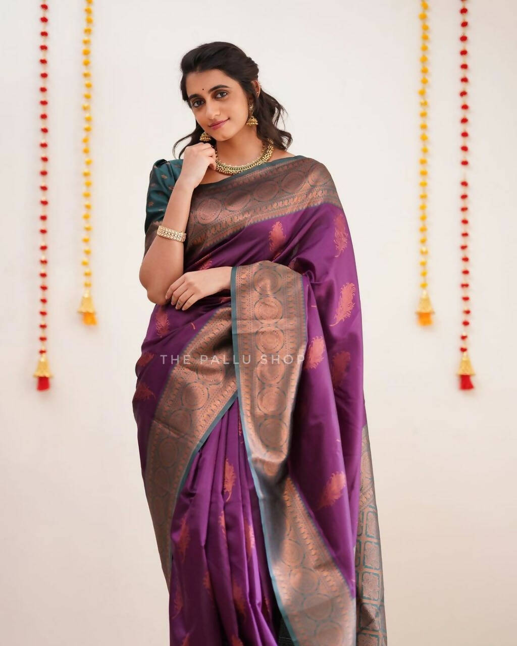 DEIANA'S Beautiful Designer Golden zari Soft Lichi Silk Saree - Purple | Grocsy