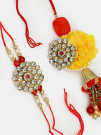 NVR Women & Men Set of 2 Red & Gold-Toned Stone-Studded & Beaded Bhaiya Bhabhi Rakhi With Roli Chawal & Chocolate | Grocsy