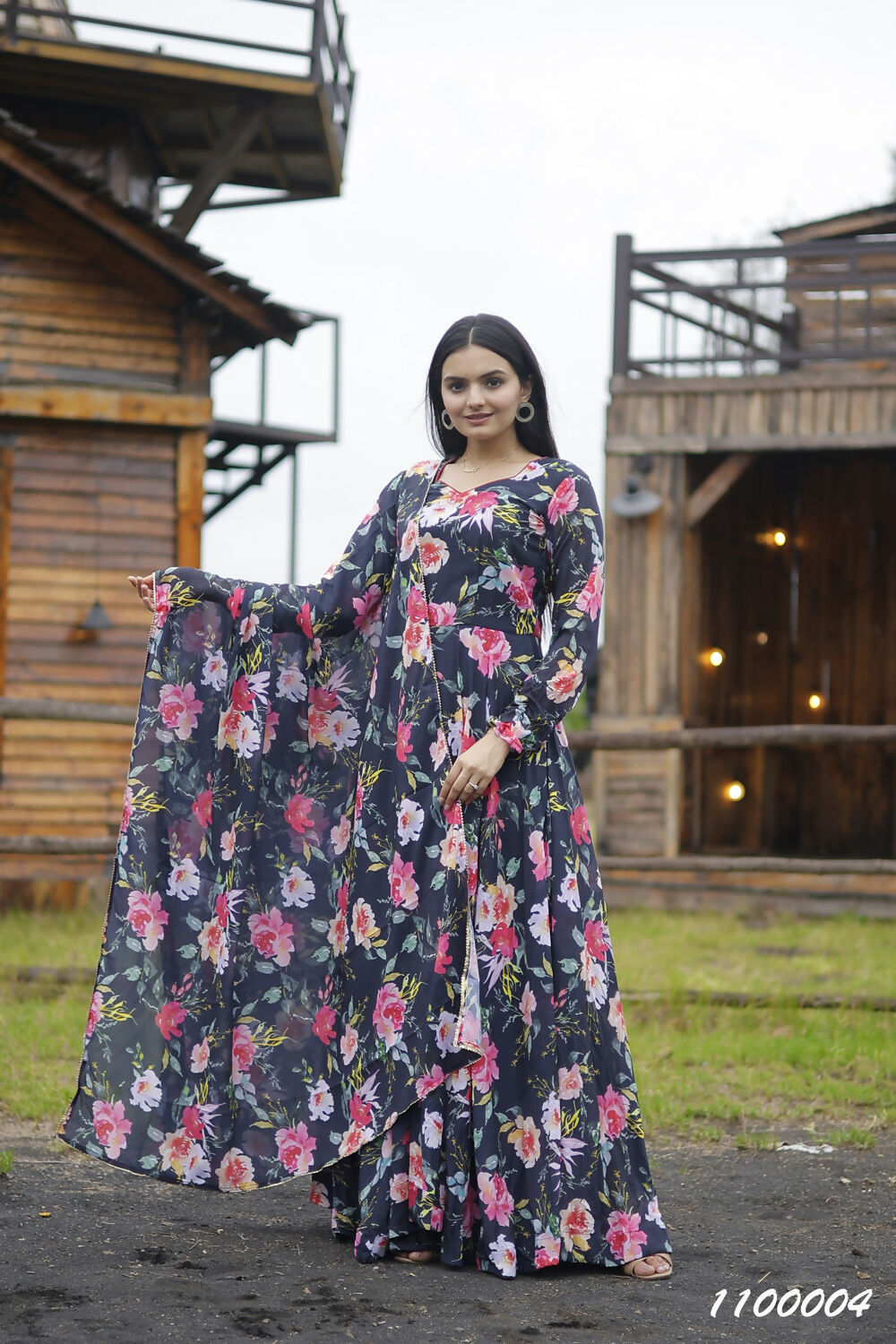 Aayaa Designer Printed Georgette Full Flare Gown With Dupatta - Multi Color | Grocsy