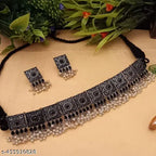 Tehzeeb Creations Women's Silver Colour Oxidised Necklace With Black Pearl - Swadesiicart