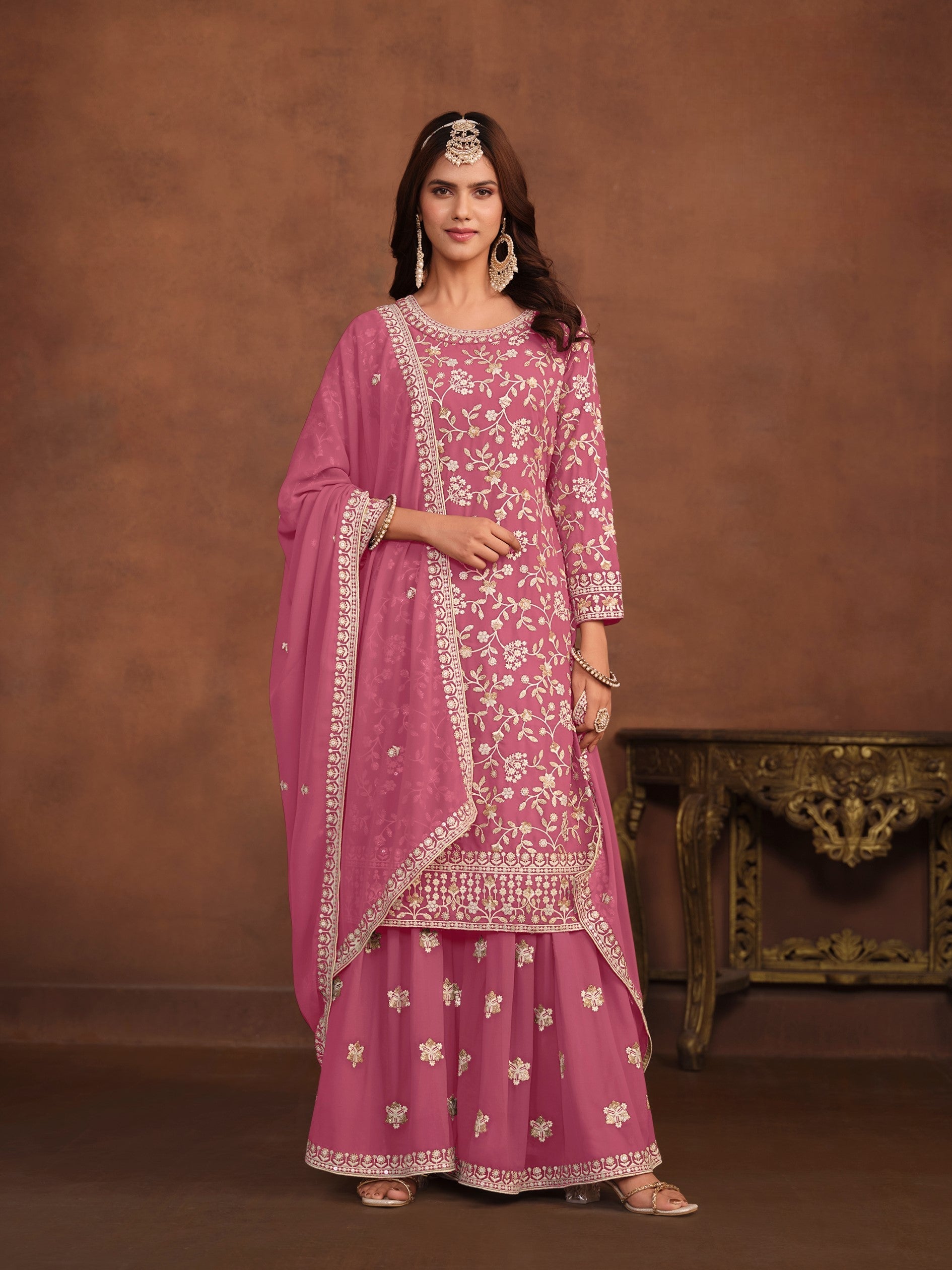 Anaita Pink Embroidered Faux Georgette Salwar Suit | Grocsy