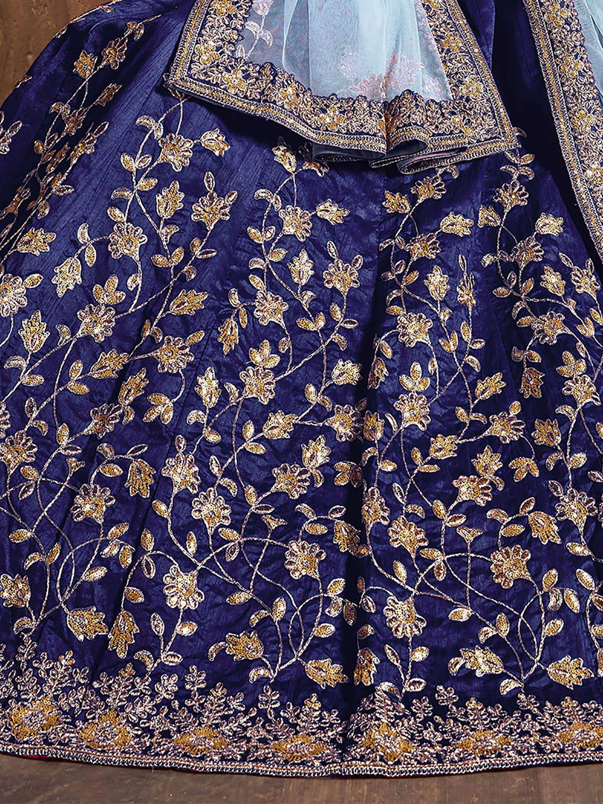 Tulsi Art Navy Blue Sequins Raw Silk Bridal Lehenga Choli With Sky Blue Dupatta | Grocsy