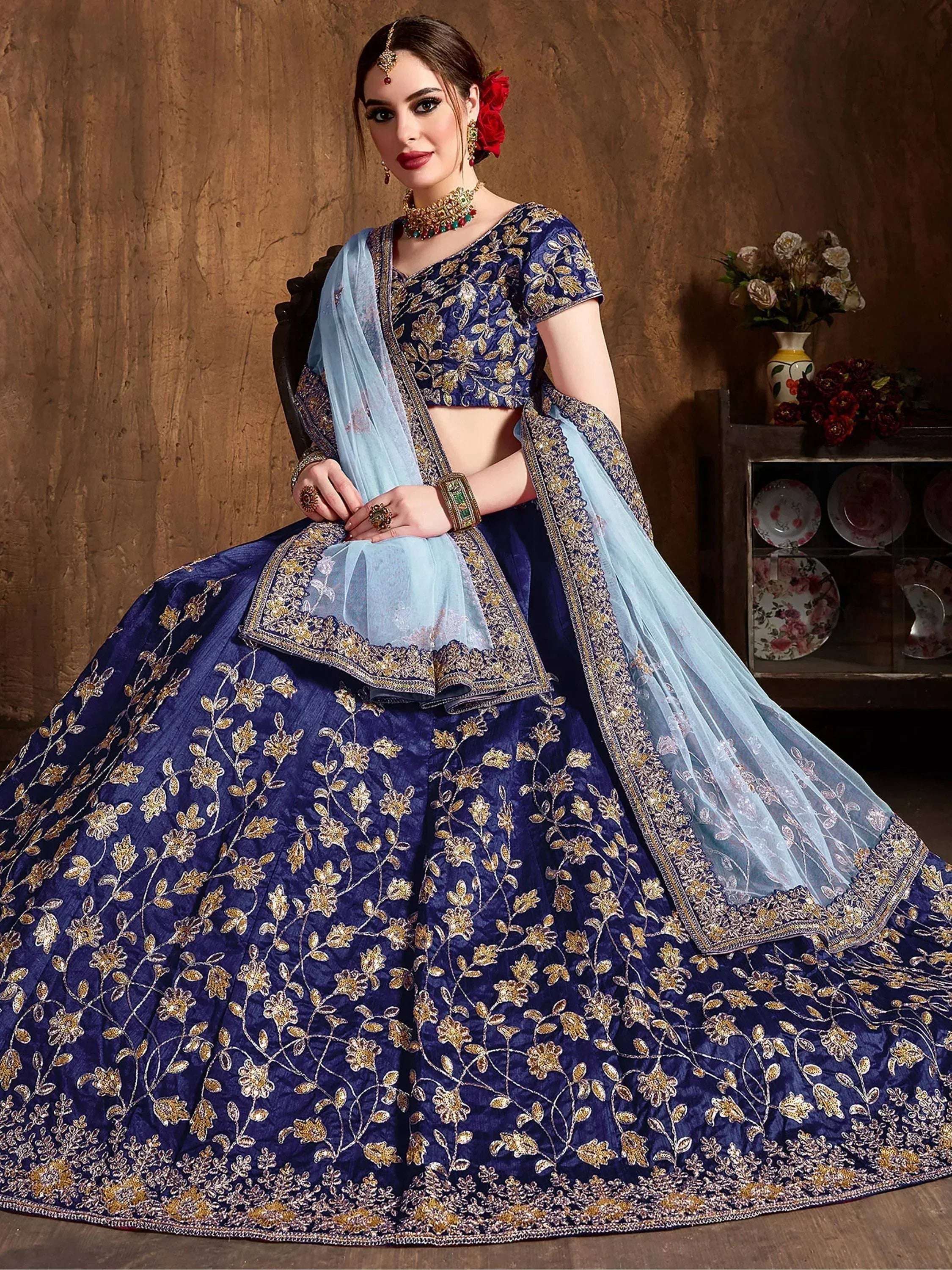 Tulsi Art Navy Blue Sequins Raw Silk Bridal Lehenga Choli With Sky Blue Dupatta | Grocsy