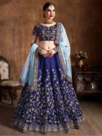 Tulsi Art Navy Blue Sequins Raw Silk Bridal Lehenga Choli With Sky Blue Dupatta | Grocsy
