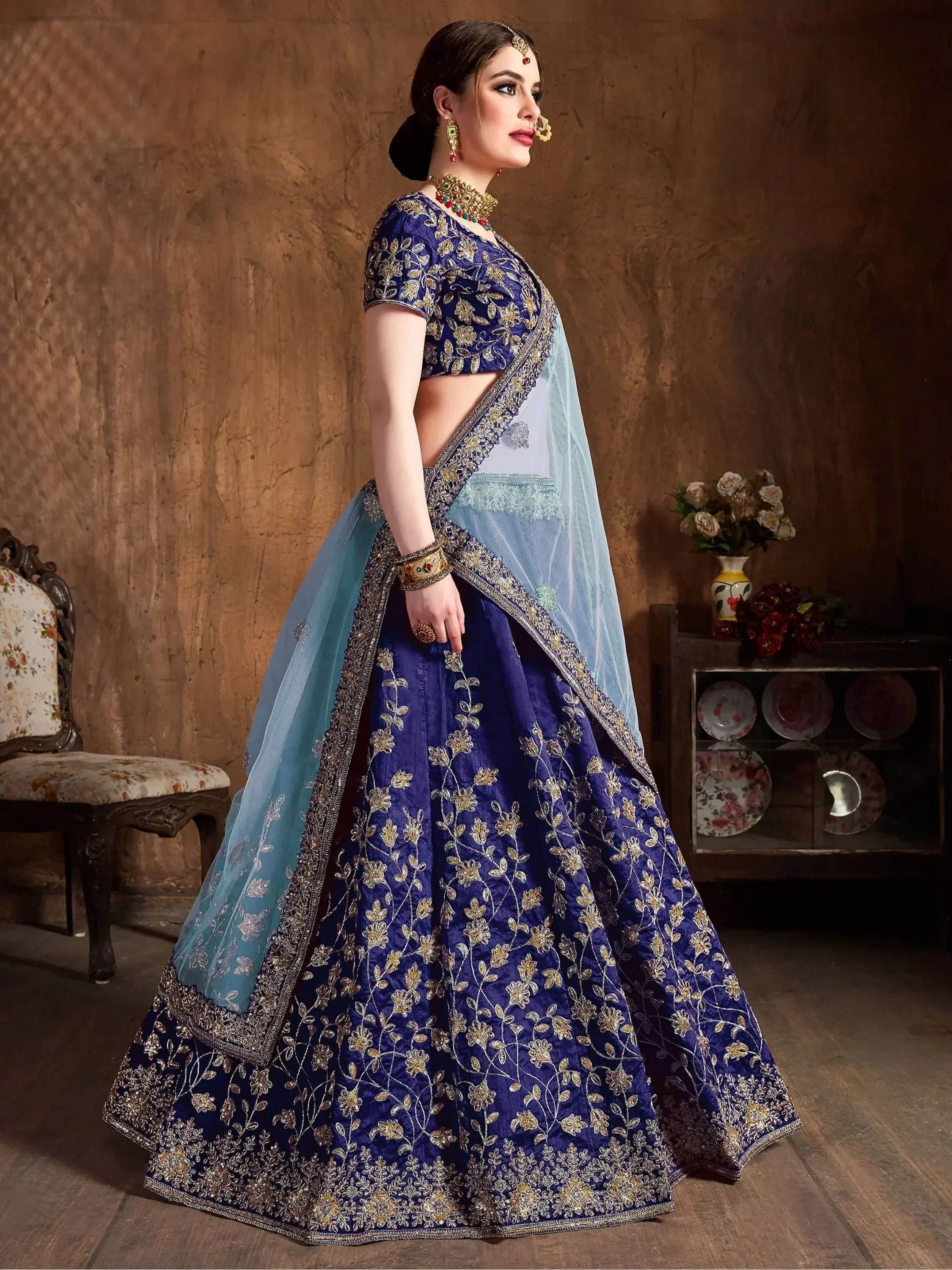 Tulsi Art Navy Blue Sequins Raw Silk Bridal Lehenga Choli With Sky Blue Dupatta | Grocsy