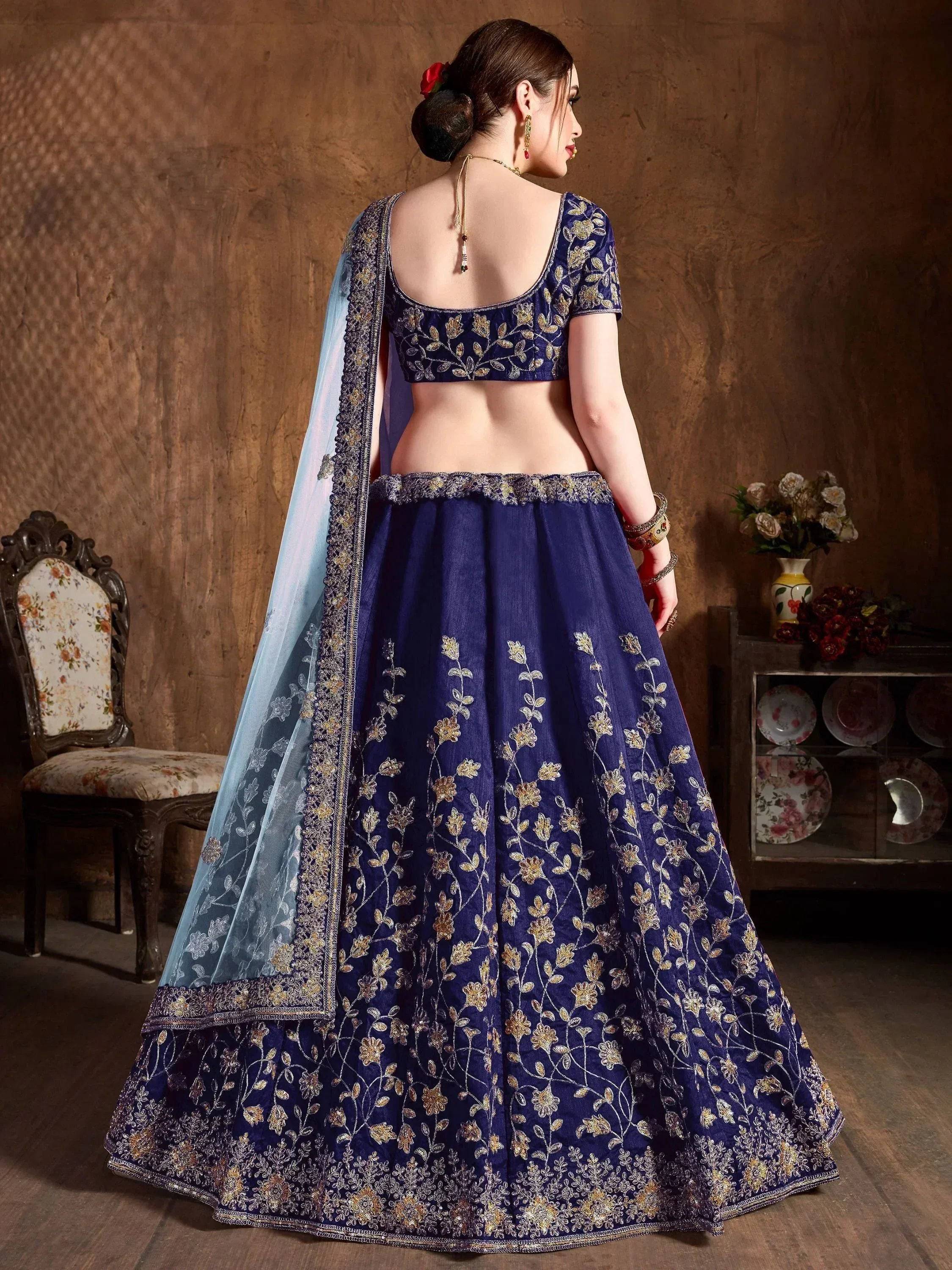 Tulsi Art Navy Blue Sequins Raw Silk Bridal Lehenga Choli With Sky Blue Dupatta | Grocsy