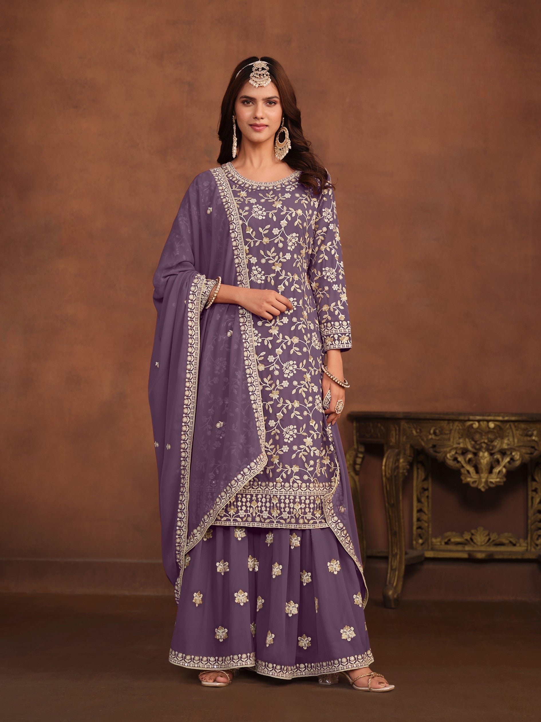 Anaita Lavender Embroidered Faux Georgette Salwar Suit | Grocsy
