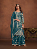Anaita Teal Embroidered Faux Georgette Salwar Suit | Grocsy