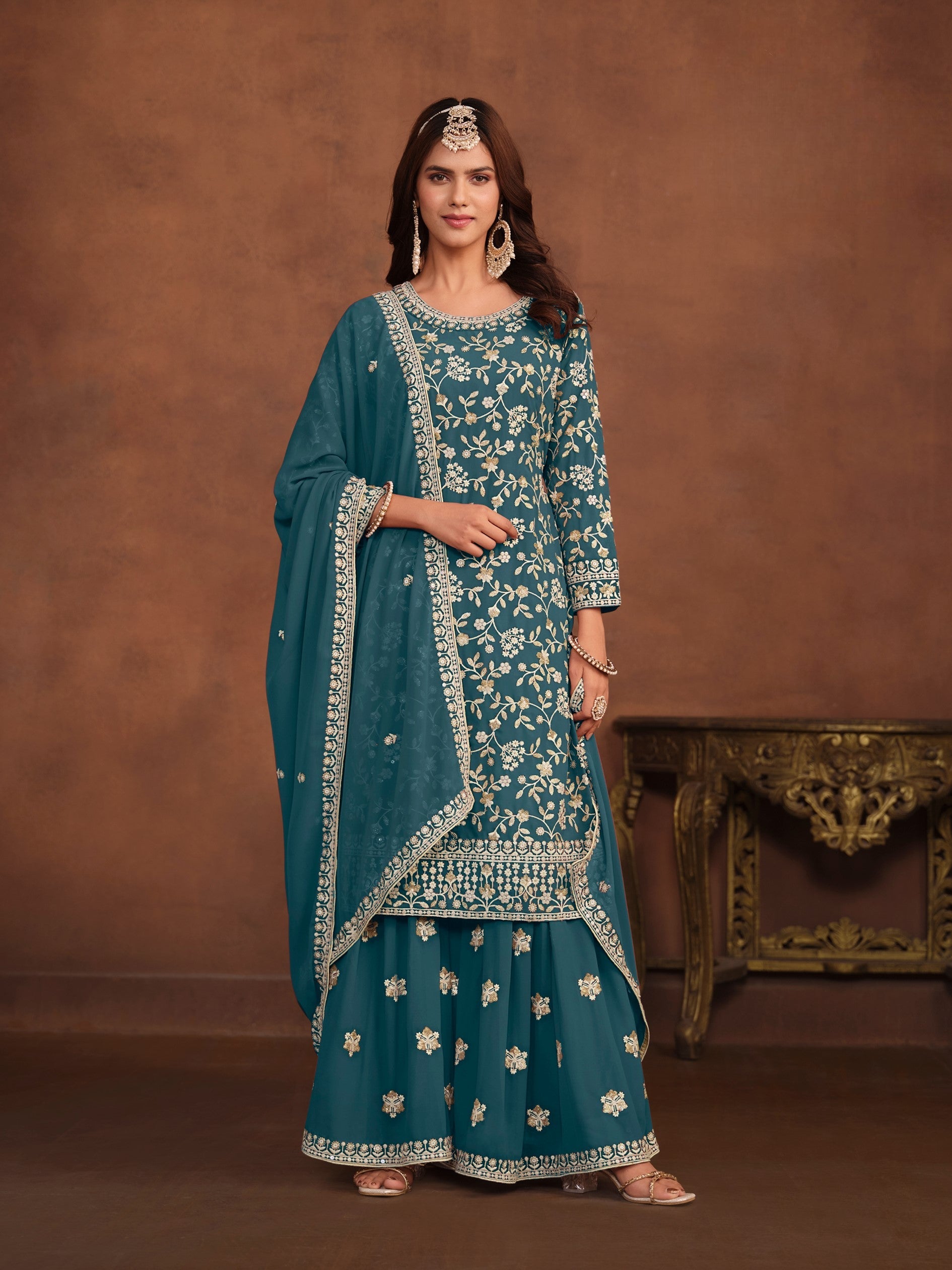 Anaita Teal Embroidered Faux Georgette Salwar Suit | Grocsy