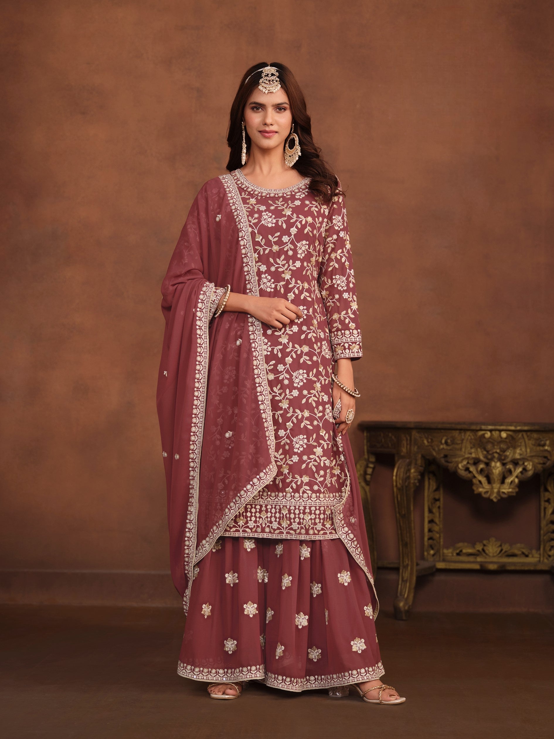 Anaita Brown Embroidered Faux Georgette Salwar Suit | Grocsy
