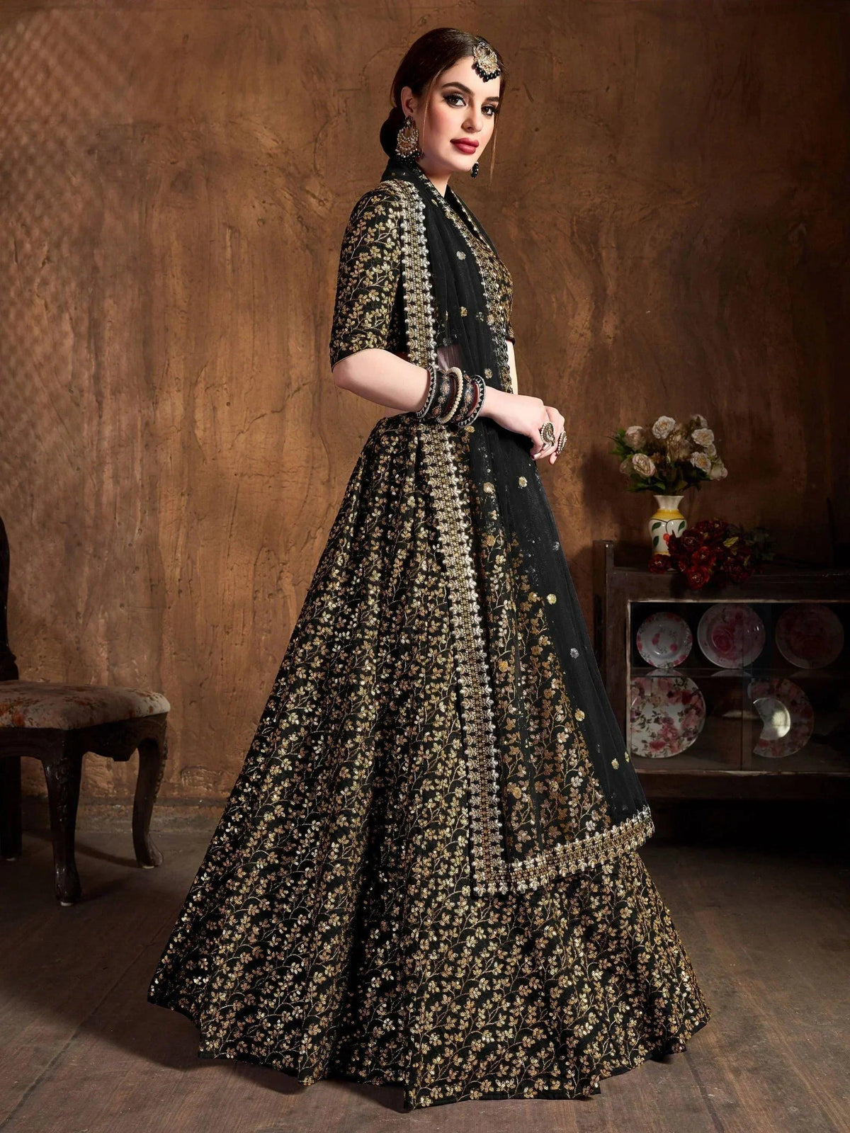 Tulsi Art Black Zari Embroidery Raw Silk Wedding Lehenga Choli With Dupatta | Grocsy