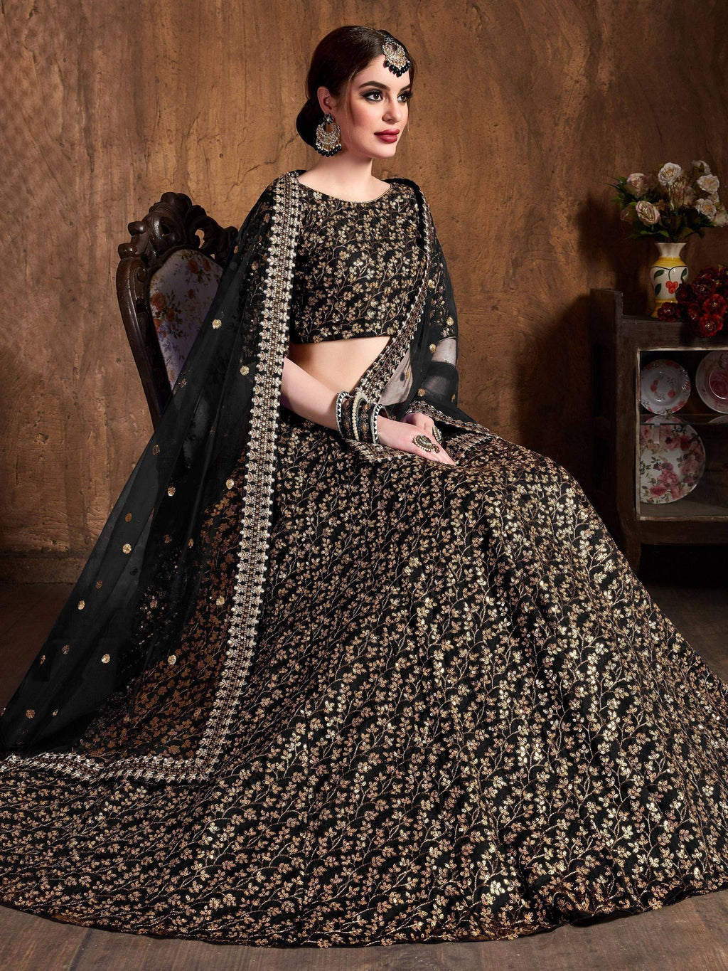 Tulsi Art Black Zari Embroidery Raw Silk Wedding Lehenga Choli With Dupatta | Grocsy