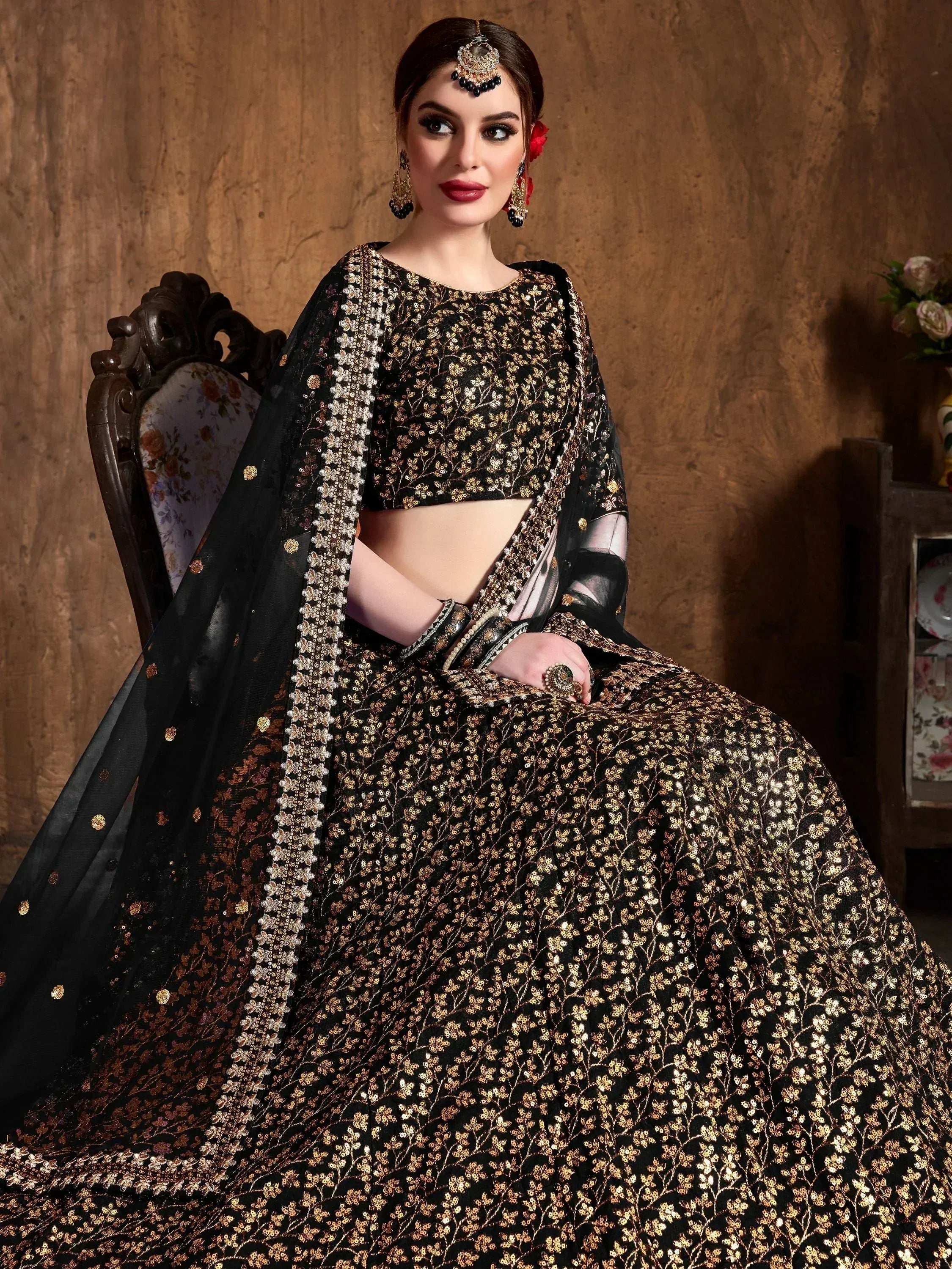 Tulsi Art Black Zari Embroidery Raw Silk Wedding Lehenga Choli With Dupatta | Grocsy