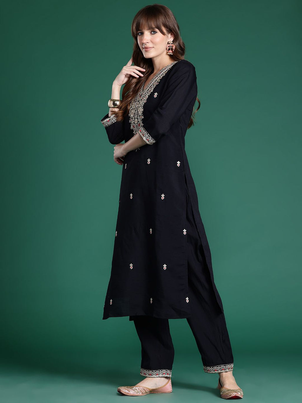 Indo Era Ethnic Motifs Embroidered Sequinned Kurta With Trousers & Dupatta | Grocsy
