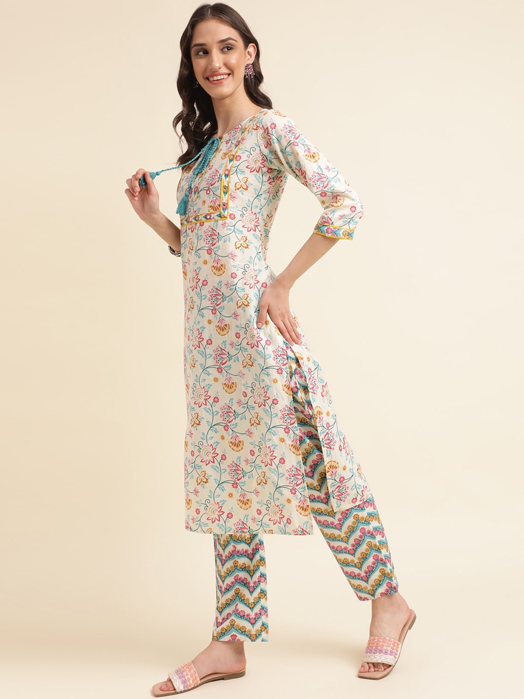 Sangria Beige & Blue Floral Printed Pure Cotton Kurta & Trouser With Dupatta | Grocsy