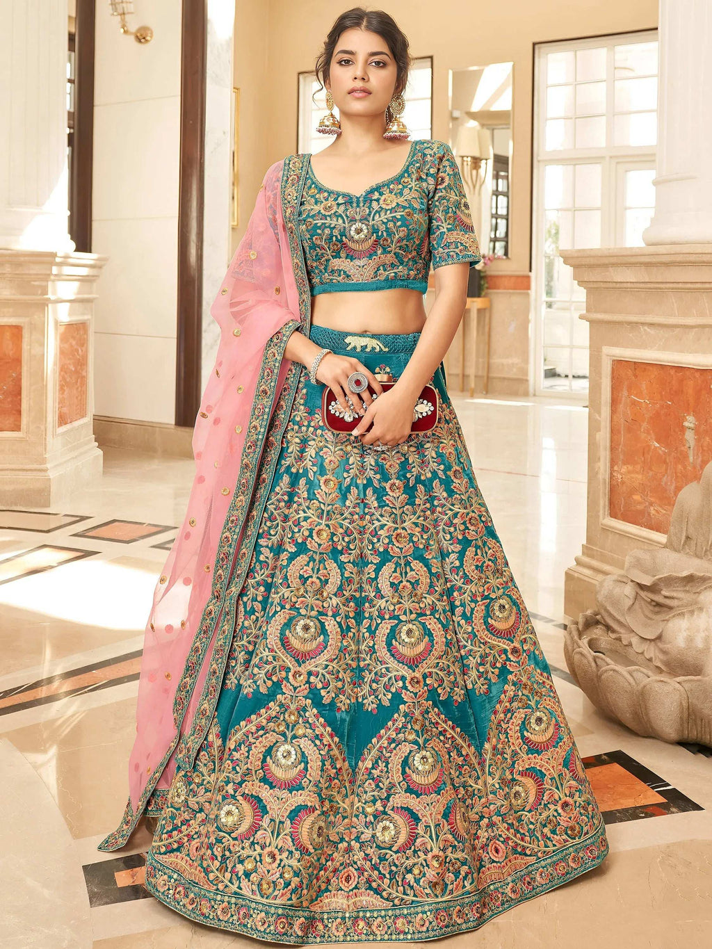 Tulsi Art Ravishing Teal Blue Heavy Embroidered Velvet Bridesmaid Lehenga Choli | Grocsy