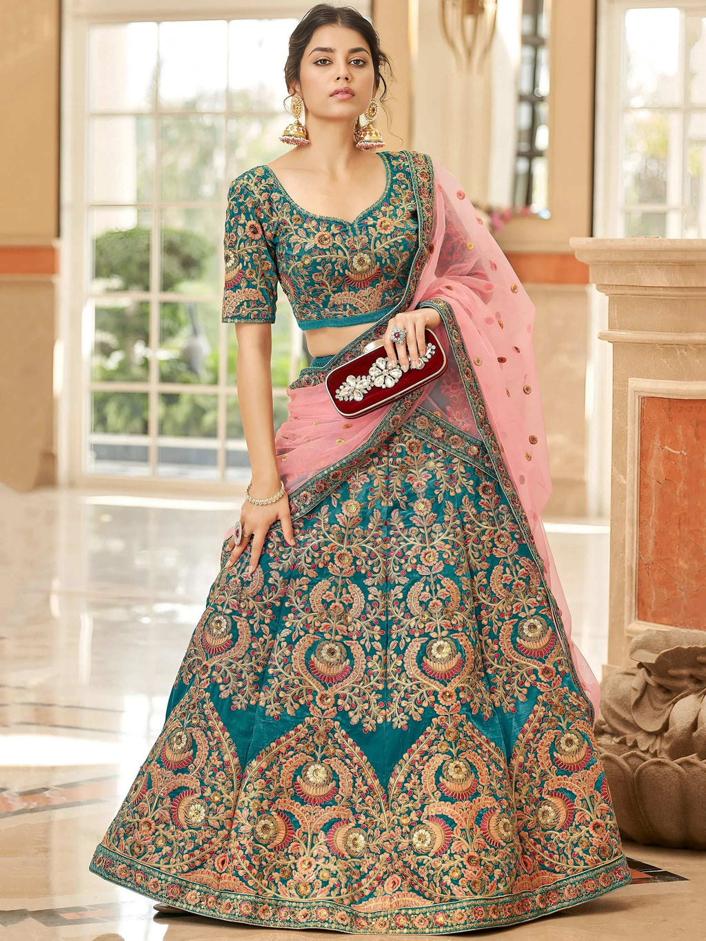 Tulsi Art Ravishing Teal Blue Heavy Embroidered Velvet Bridesmaid Lehenga Choli | Grocsy