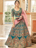 Tulsi Art Ravishing Teal Blue Heavy Embroidered Velvet Bridesmaid Lehenga Choli | Grocsy