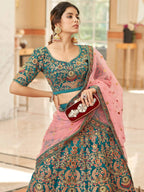 Tulsi Art Ravishing Teal Blue Heavy Embroidered Velvet Bridesmaid Lehenga Choli | Grocsy