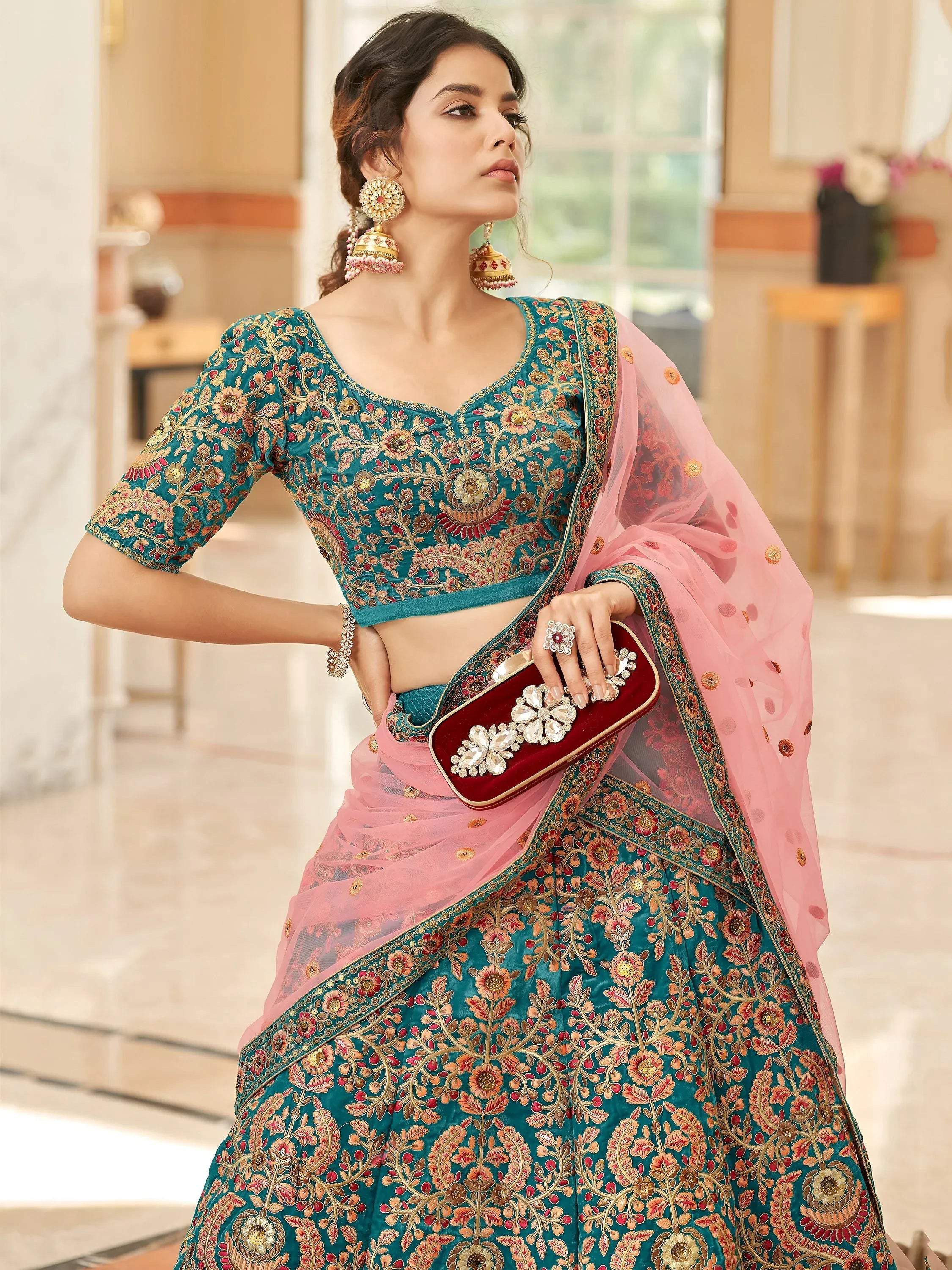 Tulsi Art Ravishing Teal Blue Heavy Embroidered Velvet Bridesmaid Lehenga Choli | Grocsy