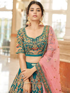 Tulsi Art Ravishing Teal Blue Heavy Embroidered Velvet Bridesmaid Lehenga Choli | Grocsy