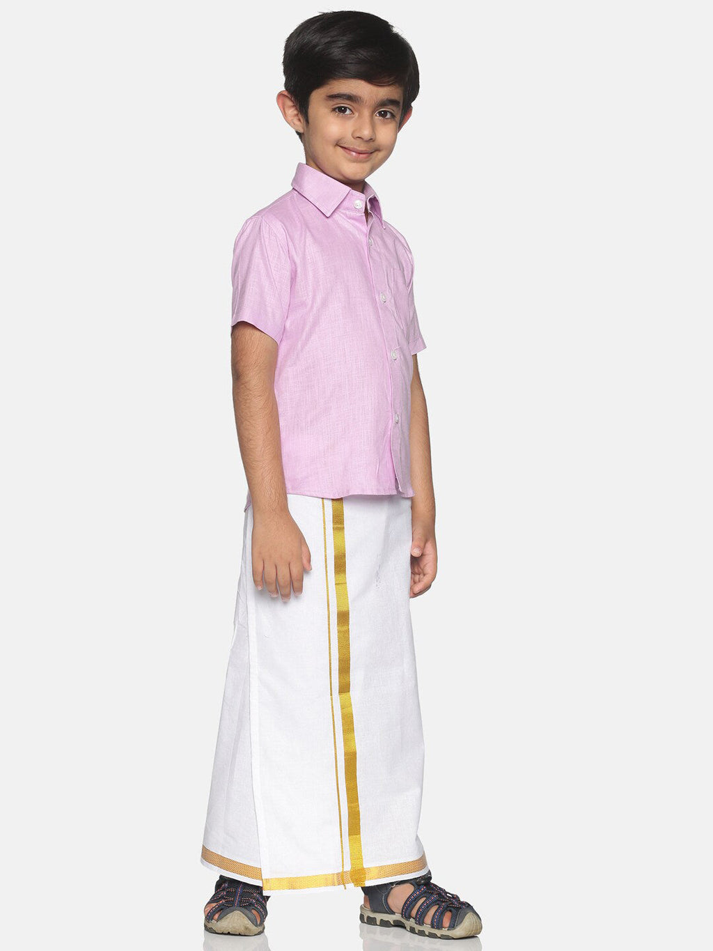 Sethukrishna Pink & White Solid Shirt and Veshti Set For Boys | Grocsy