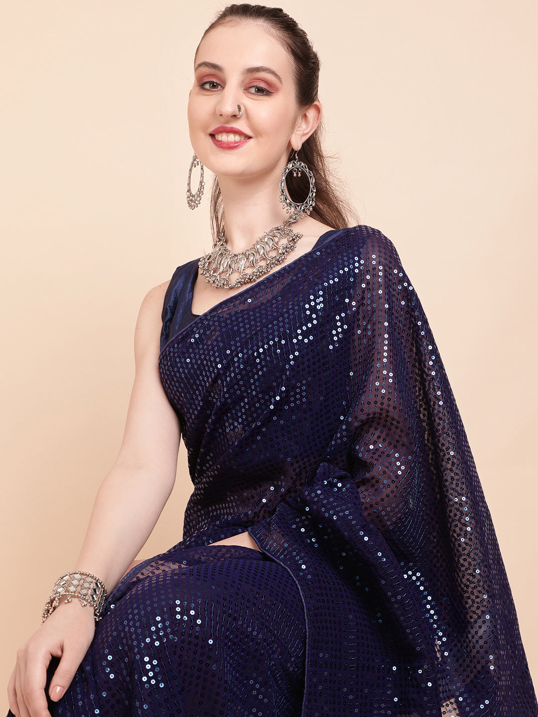 Sangria Navy Blue & Silver-Toned Sequin Embellished Pure Georgette Saree | Grocsy