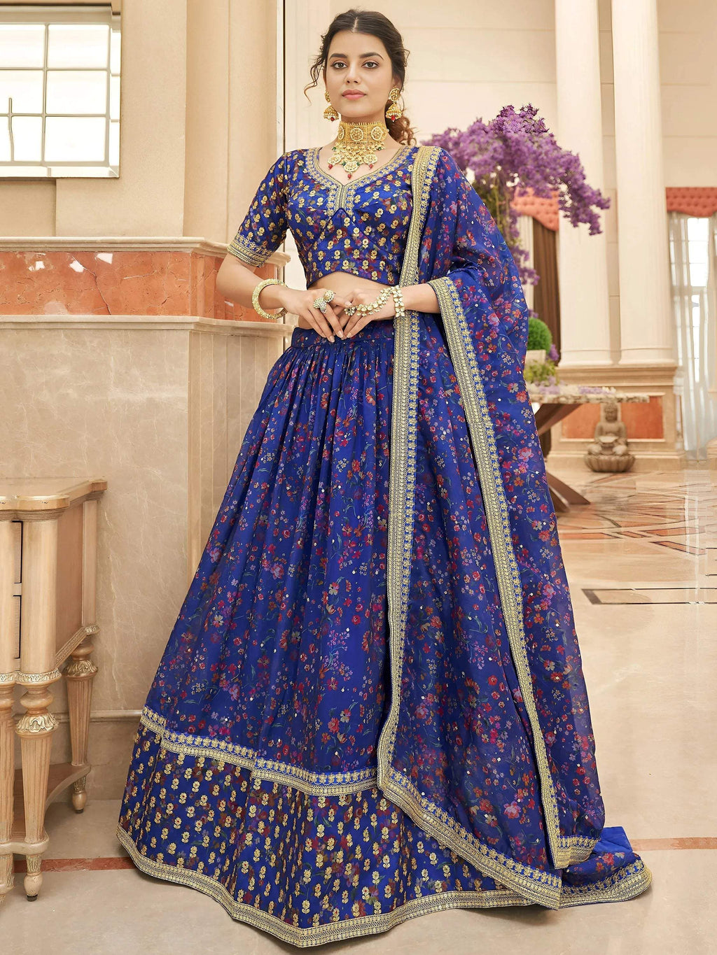 Tulsi Art Wondrous Blue Digital Printed Organza Engagement Wear Lehenga Choli | Grocsy
