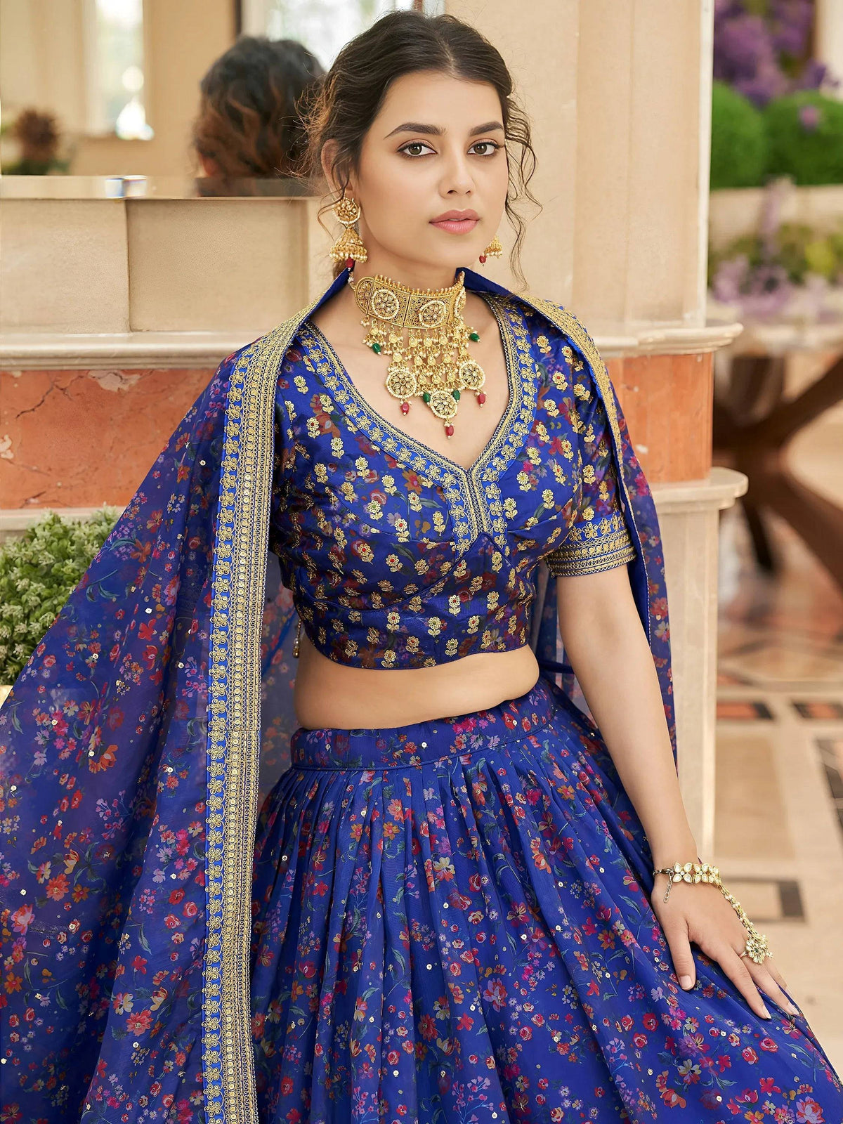 Tulsi Art Wondrous Blue Digital Printed Organza Engagement Wear Lehenga Choli | Grocsy