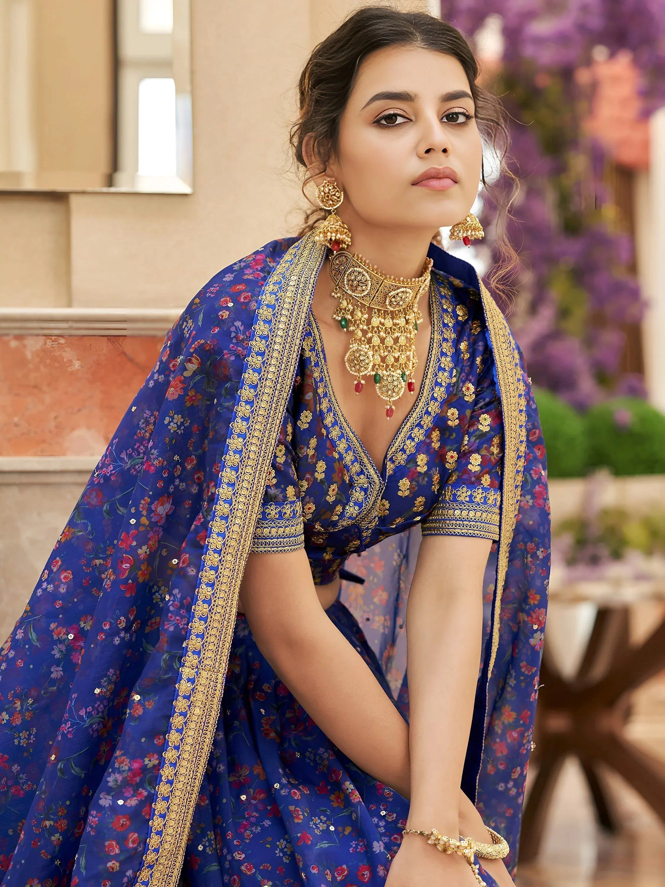 Tulsi Art Wondrous Blue Digital Printed Organza Engagement Wear Lehenga Choli | Grocsy