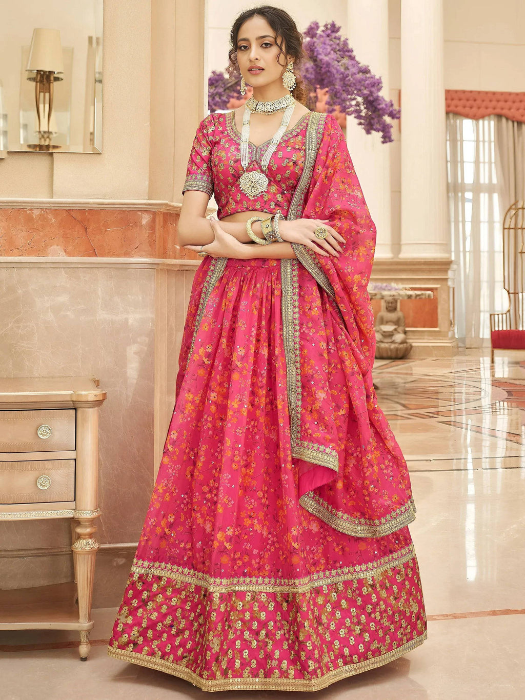Tulsi Art Phenomenal Pink Floral Printed Organza Reception Wear Lehenga Choli | Grocsy