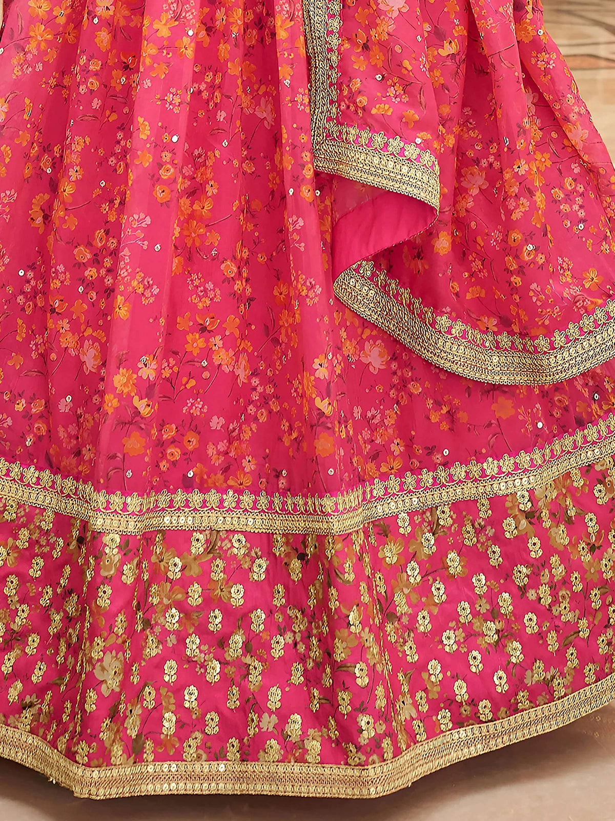 Tulsi Art Phenomenal Pink Floral Printed Organza Reception Wear Lehenga Choli | Grocsy